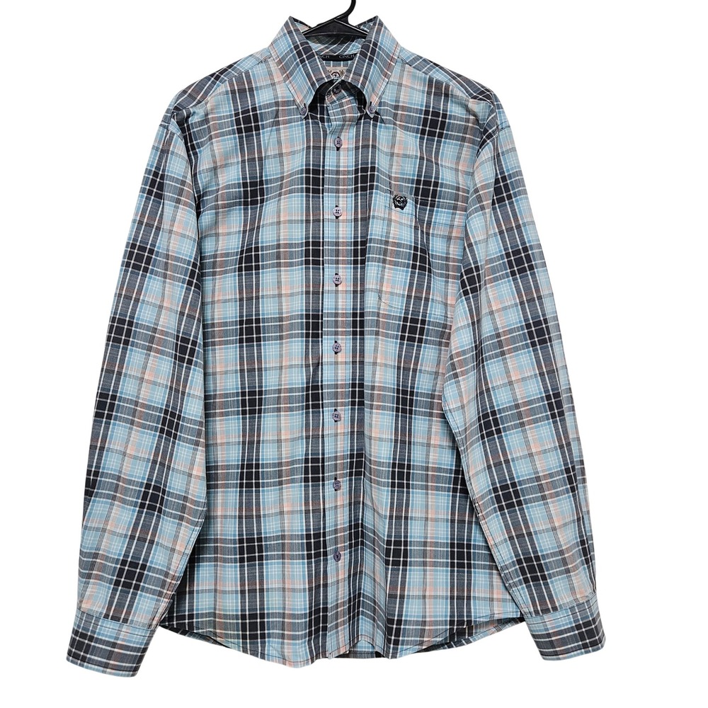 Cinch Plaid Blue Peach Button Down Shirt‎ M Western Cowboy Workwear Rodeo Core